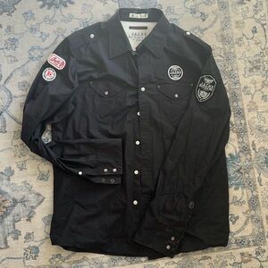 EUC JACHS Men's XL Black Button Down with Patches
